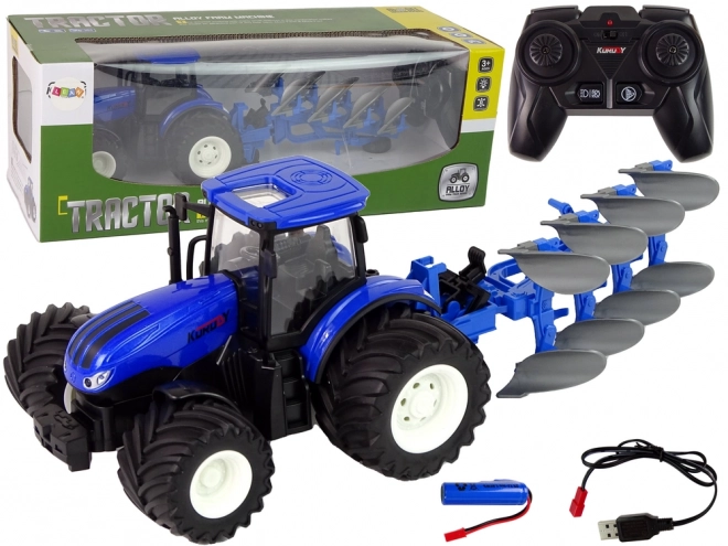Afstandsbediening tractor 1:24 Blauw metalen ploeg