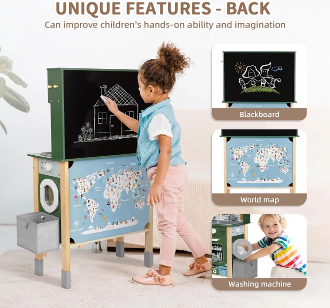 Wooden Interactive Kitchen 9-in-1 with Washing Machine and Blackboard Woopie Green