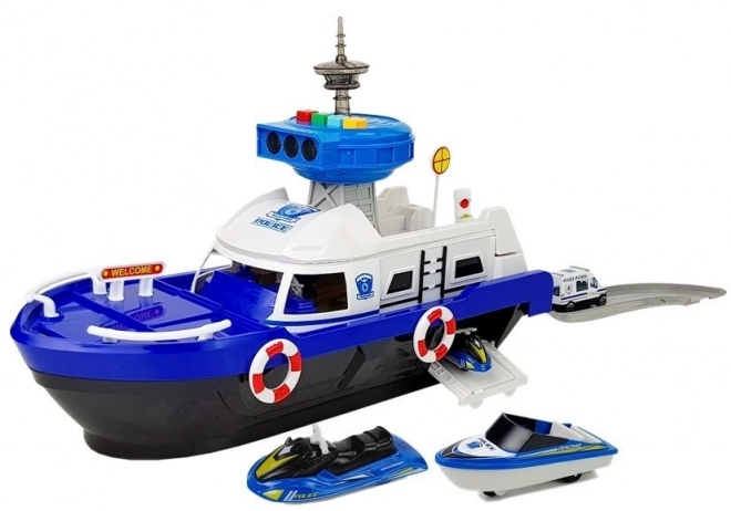 Bateau de transport de police avec voitures, avec son et lumières