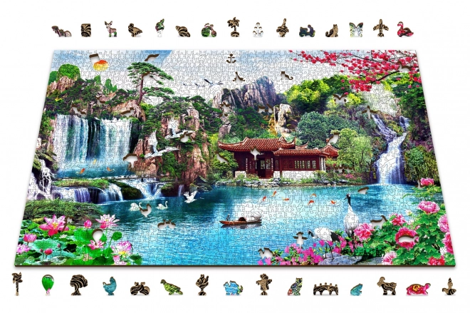 Houten puzzel Watervallen in de Japanse tuin
