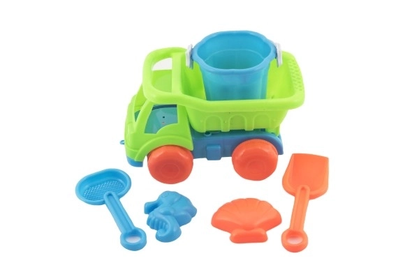 Auto voor zand met accessoires plastic 16cm 2 kleuren in net