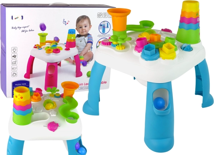 Table éducative interactive avec toboggan à billes et trieur de formes – bleu