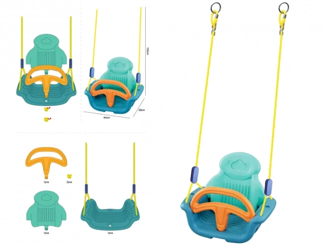 Kleurige kinderschommel met rugleuning en barrière