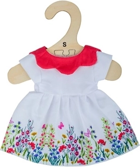 Witte bloemenjurk met rode kraag voor pop van 25 cm