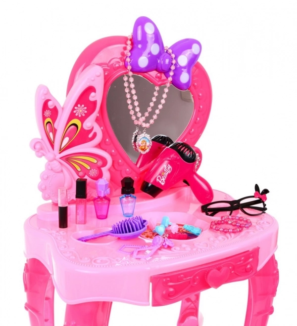 Roze kaptafel met spiegel en stoeltje + stylingaccessoires en föhn