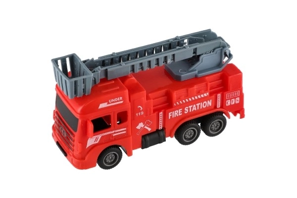 Brandweerauto kunststof 11cm met terugtrekmechanisme 4 soorten 12 stuks in doos