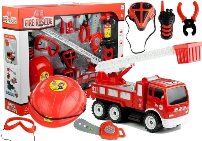 Firefighter set for kids 14 pcs with truck, helmet, fire extinguisher and saw
