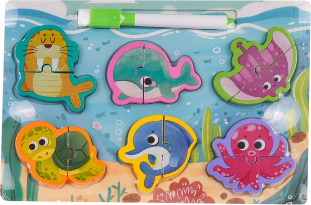 Houten bord met dubbelzijdig oppervlak en dierenpuzzels – Oceaan