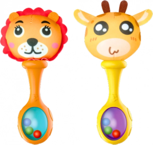 Set rammelaars met zacht balletje met leeuw- en giraffemotieven
