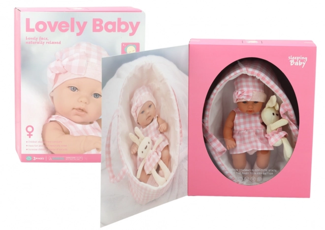 Poppenbaby met Drager Konijntje in Roze Geruite Kleding