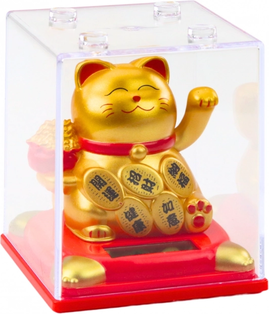 Chinese Lucky Cat Solar Figure in Display Case Gold