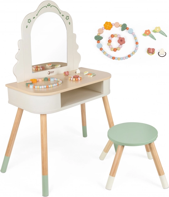 Holztoilettentisch mit Rundem Spiegel und Zubehör Pastell Classic World