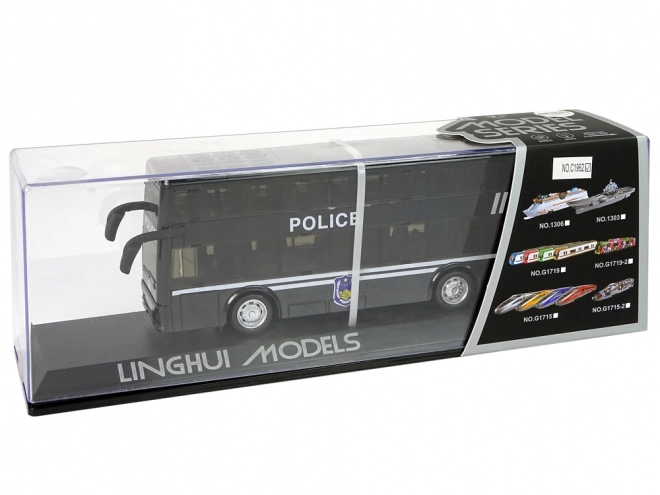 Autobus noir à deux étages de police avec propulsion par friction