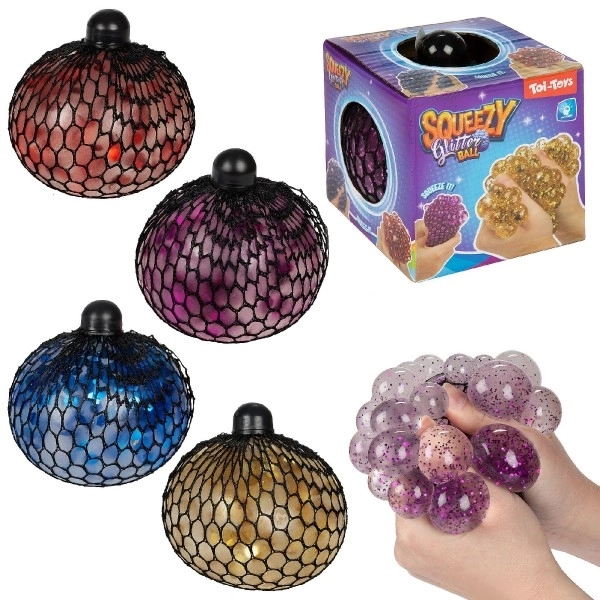 Stressbal knijp in net slijm 10cm met glitters 4 kleuren in doosje 9x9,5x9cm