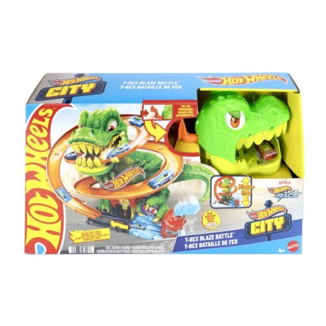 T-rex attacks the fire station from Hot Wheels city