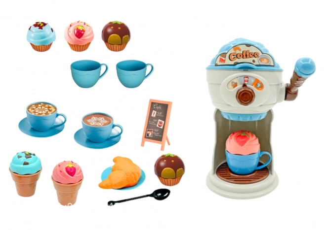 Süße Leckereien des Kaffeekonsums mit Eismaschine, Tassen und Muffins