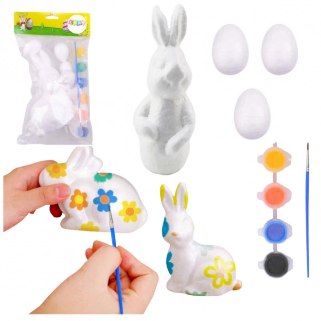 Set zum Bemalen von Styropor-Osterdekorationen Hase und 3 Eier mit Farben