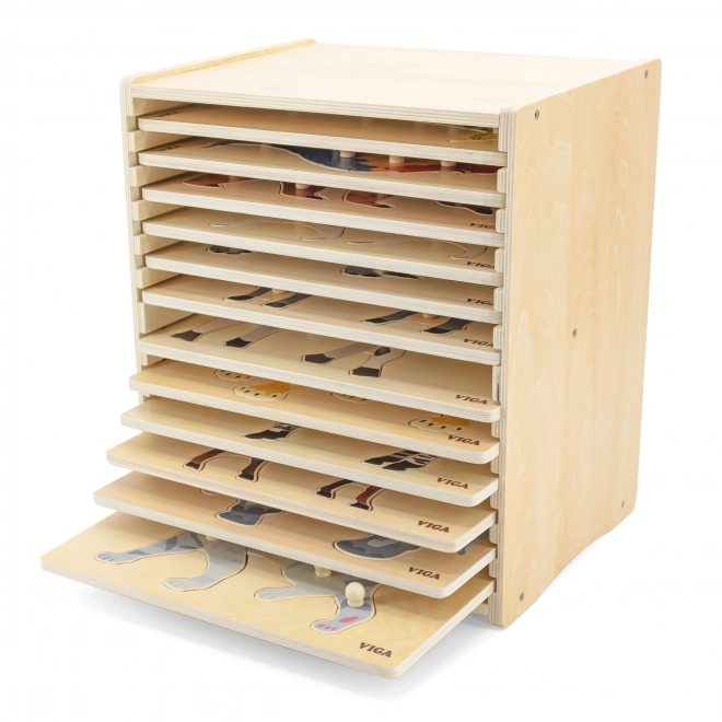 Set houten puzzels 12 dieren Montessori met standaard Viga