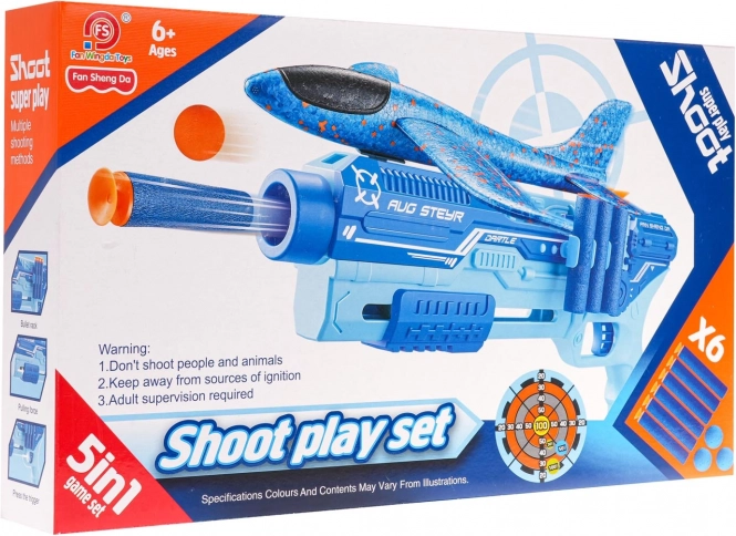Schieß-Set 5-in-1 mit Flugzeugwerfer – blau