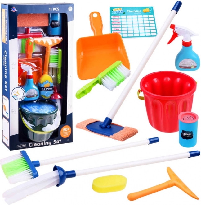 Grande panoplie de ménage pour enfants avec seau, serpillière et accessoires