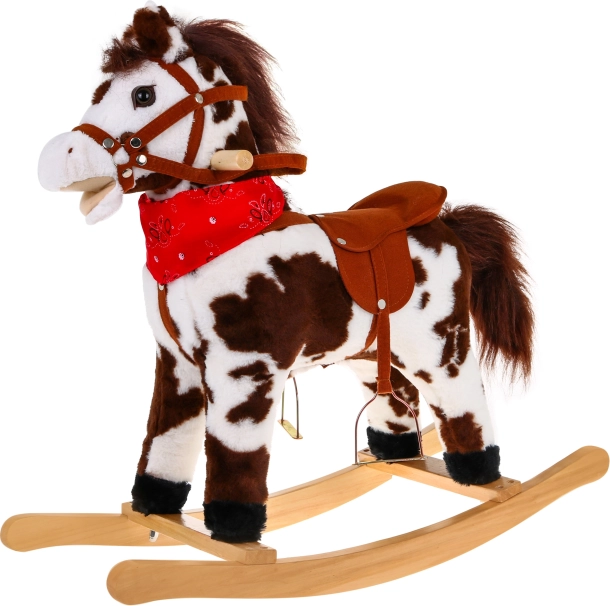 Plush rocking horse with interactive effects, wood and plush