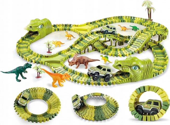Piste de course de dinosaures avec petite voiture et figurines