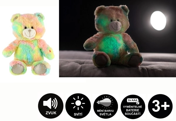 Droombeer regenboog knuffel 40cm op batterijen met licht en geluid in zak