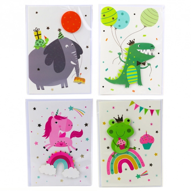 3D groetenkaart met eenhoorn, olifant, kikker en dinosaurus