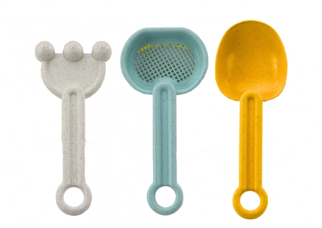 Set voor zand Emmertje Schepje Harkje Zeef Vormpjes Pastel