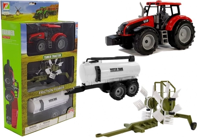 Tracteur avec remorque, andaineur et citerne – rouge