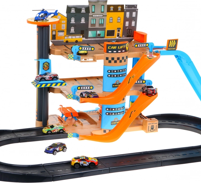 Four-story parking tower with lift for children 3+ Cars and helicopter with slide