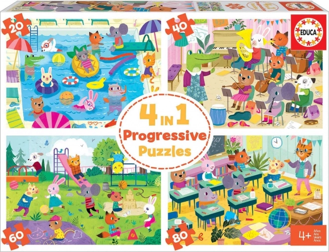 Educa puzzle Une journée à l’école 4-en-1 (20–80 pièces)