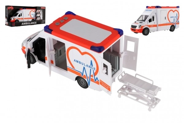 Spielzeug-Krankenwagen aus Kunststoff 28cm mit Tragbahre und Schwungrad mit Licht und Ton