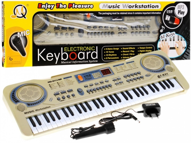 Beige toetsenbord voor kinderen 5+ Microfoon + opname + USB MP3 - model nr. 811