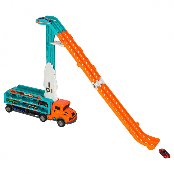 Racebaan met takelwagen en transporter 6 delen - oranje