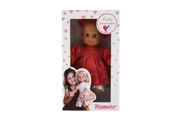 Poupée/Bébé Hamiro 30cm, corps en tissu robe rouge + pois blancs + foulard dans boîte 20x35x13cm