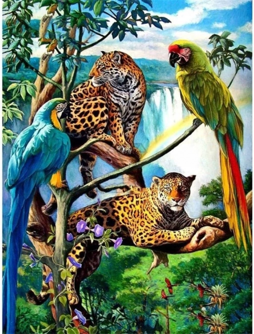 Peinture diamant Perroquets et léopards