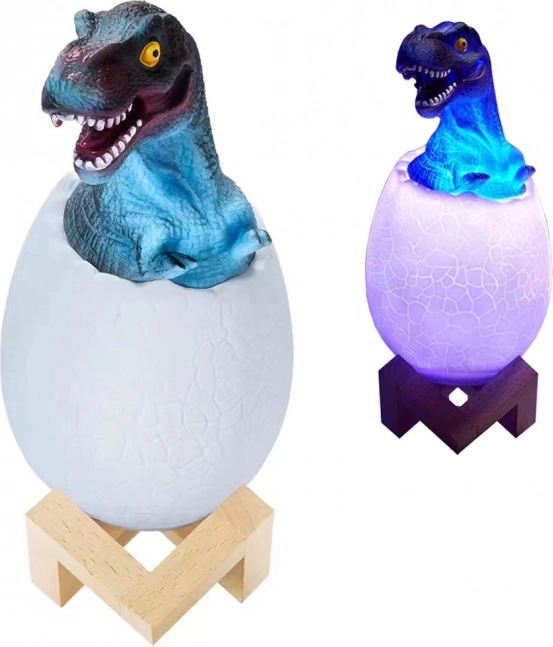 Nachtlampje RGB dinosaurus in ei met houten standaard