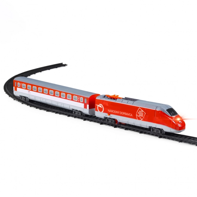 Trein Železničná Spoločnosť Slovensko met rails 18 stuks plastic op batterijen met geluid, licht in doos.