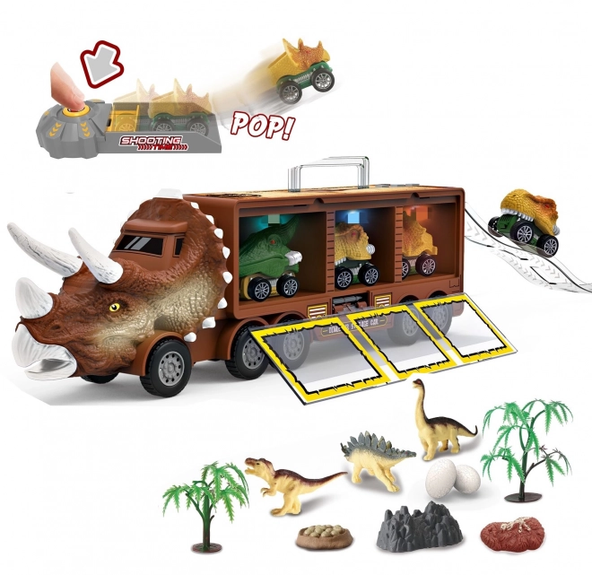 Dinosaurier-Lkw mit Werfer und Autos