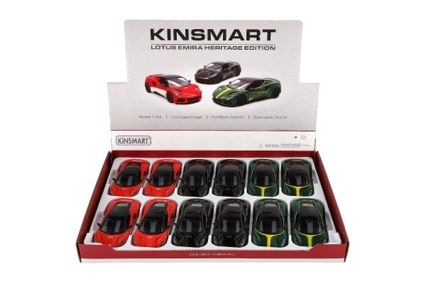 Auto Kinsmart Lotus Emira 1:38 metaal/plastic 12,5cm 3 kleuren met pull-back mechanisme 12 stuks in doos