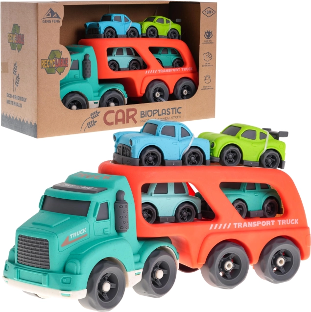Interaktiver Abschleppwagen mit Plattform und 4 Autos aus Bioplastik für Kinder ab 18 Monaten – Rot