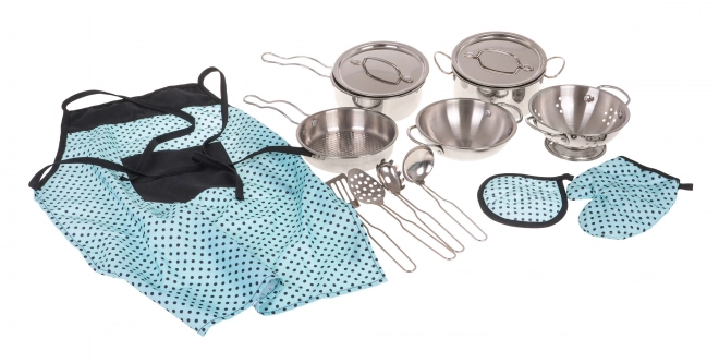Set van metalen potten voor kinderen 3+ met keukengerei en schort