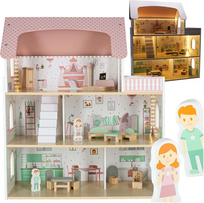 Wooden dollhouse with LED lighting Lulilo Peonio 70 cm, pink