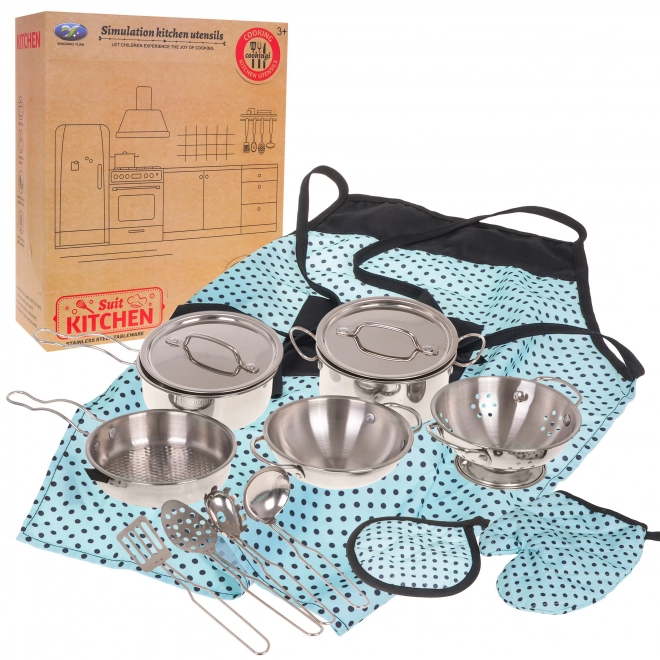 Set van metalen potten voor kinderen 3+ met keukengerei en schort