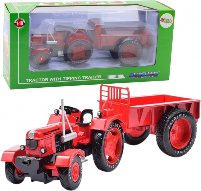 Metal Red Tractor with Trailer 1:18