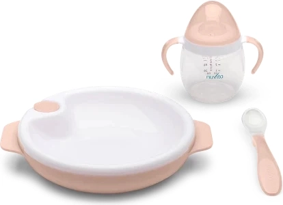 Set thermobordjes met siliconen lepel en beker, English Rose