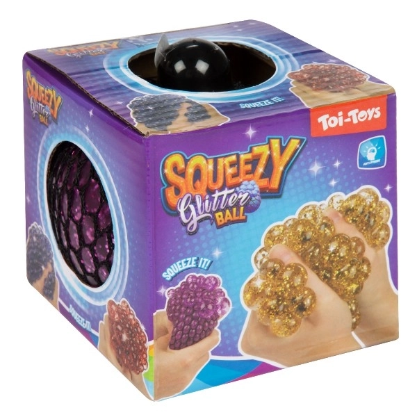 Stressbal knijp in net slijm 10cm met glitters 4 kleuren in doosje 9x9,5x9cm