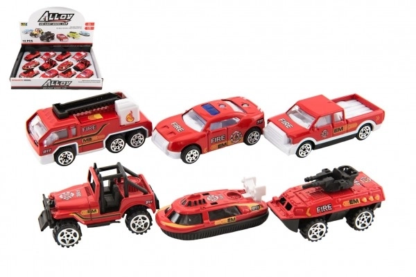 Brandweerauto metaal/kunststof 7cm vrije beweging gemengde soorten 12 stuks in doos