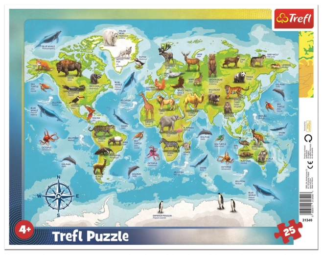 TREFL Puzzel Wereldkaart met dieren 25 stukken